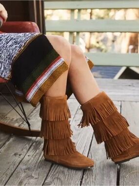 Minnetonka Triple-Fringe Suede Knee Boots - Cognac Brown